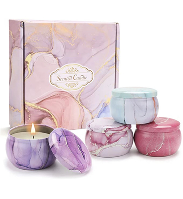 AROMA HOME 4 قطعة تخفيضات ساخنة مخصصة للبيع بالجملة فاخرة طقم هدايا معدني علب عطرية برطمان زهور مجففة شمع الصويا شموع معطرة