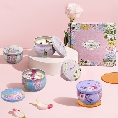AROMA HOME 4 قطعة تخفيضات ساخنة مخصصة للبيع بالجملة فاخرة طقم هدايا معدني علب عطرية برطمان زهور مجففة شمع الصويا شموع معطرة