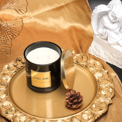 غطاء معدني ذهبي زجاجة زجاجية سوداء المنزل رائحة الشمع شمعة الصويا تسمية خاصة 14OZ 400g